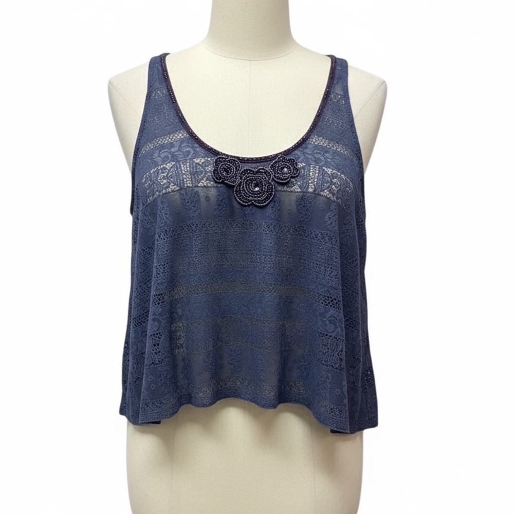 Free People cropped Retro Boho lace tank Blue. Size XS